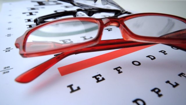 Close up of two pairs of glasses falling on eye test