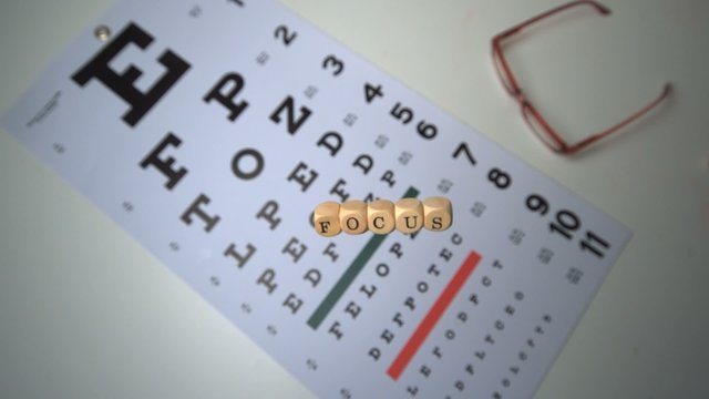 Dice spelling out focus falling onto eye test beside glasses