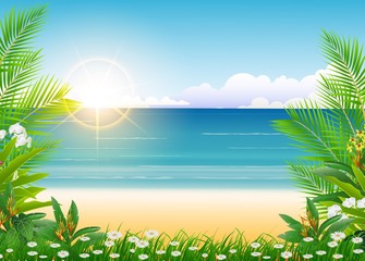 beauty Sunny blue sky and palm tree and beach background