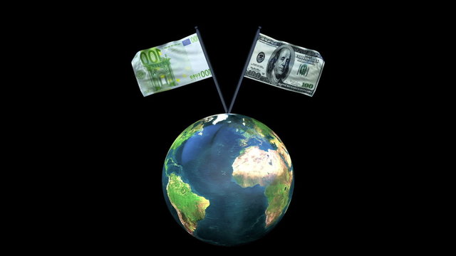 Dollar and Euro Flag Rotating Waving with Earth, Loop