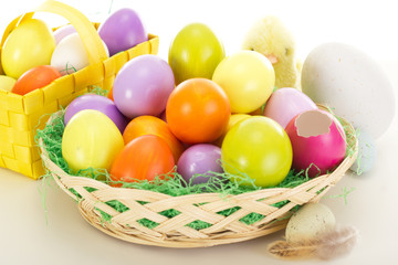 Easter eggs in baskets with chick