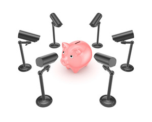 Observation cameras around pink piggy bank.