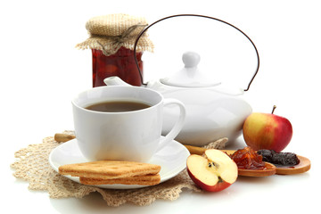 light breakfast with tea and homemade jam, isolated on white