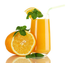 Glass of orange juice with mint and orange isolated on white