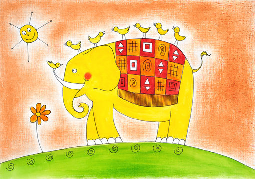Happy elephant and birds, child's drawing, watercolor painting