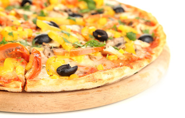 Tasty pizza with vegetables, chicken and olives isolated