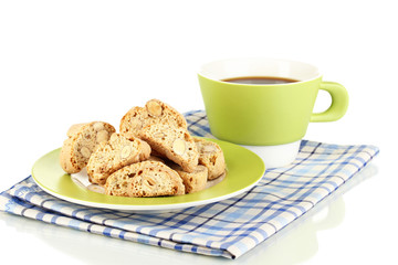 Aromatic cookies cantuccini and cup of coffee isolated on white