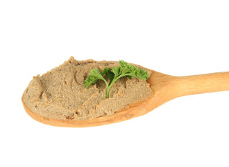 Fresh pate on wooden spoon, isolated on white
