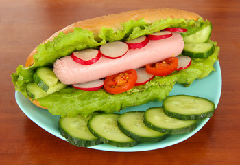 Tasty hot dog on table in cafe