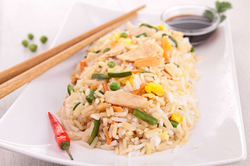 roasted meat, rice and vegetables