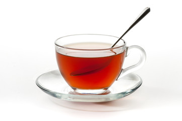 A cup of black tea on a white background