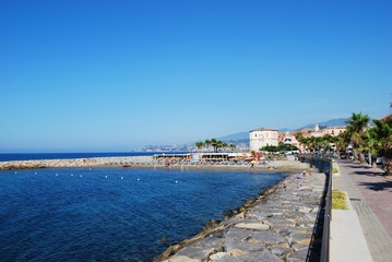 Obraz premium Village on the sea in summer, Santo Stefano al Mare, Italy