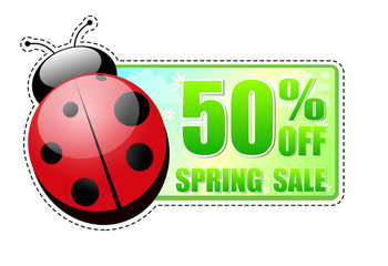 50 percentages off spring sale green label with ladybird