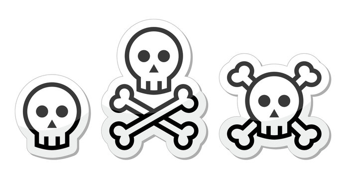 Cartoon skull with bones vector icons set