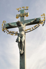 17th Century Crucifixion statue in Charles Bridge, Prague