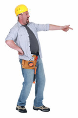 Chubby foreman pointing and laughing