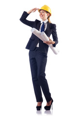 Woman architect with drawings on white