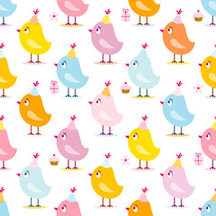 Seamless Pattern Birthday Birds Symbols Yellow/Orange/Blue