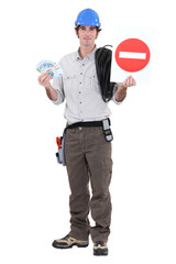 road worker holding a traffic sign and bills