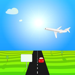 Illustration with plane and red machine