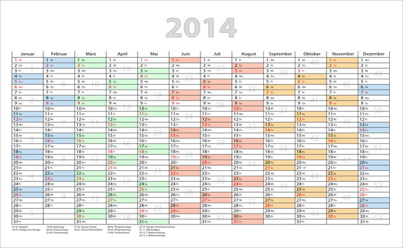 Jahresplaner 2014 bunt incl Kalenderwochen und Feiertage