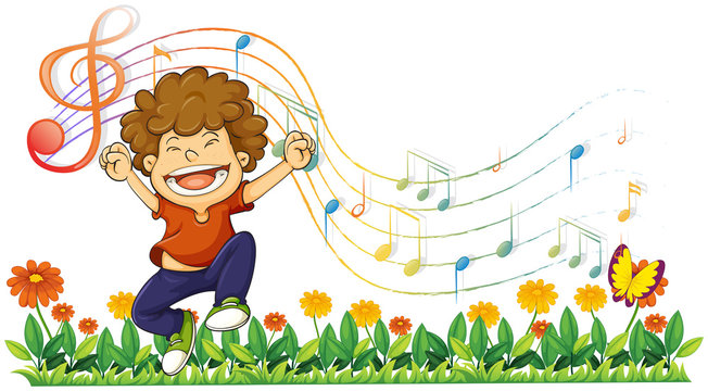 A boy singing out loud with musical notes