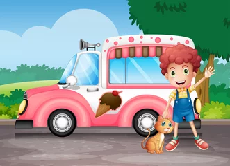 Deurstickers Katten Een jongen en zijn kat bij een roze bus