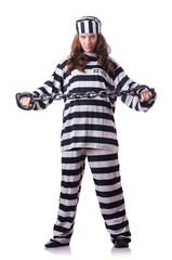Prisoner in striped uniform on white