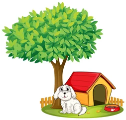 Poster Een witte puppy naast een hondenhok onder een grote boom © GraphicsRF
