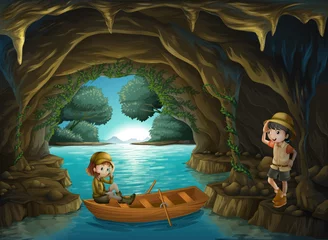 Abwaschbare Fototapete Fluss, See Die beiden tapferen Mädchen in der Höhle