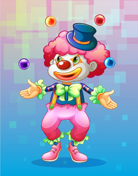 A clown with four colorful balls
