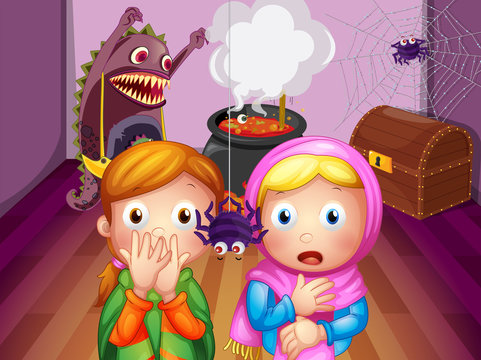 Shocked faces of two girls in front of a spider