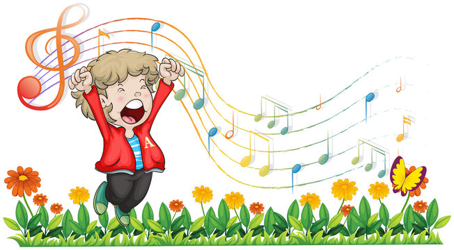 A boy singing at the garden