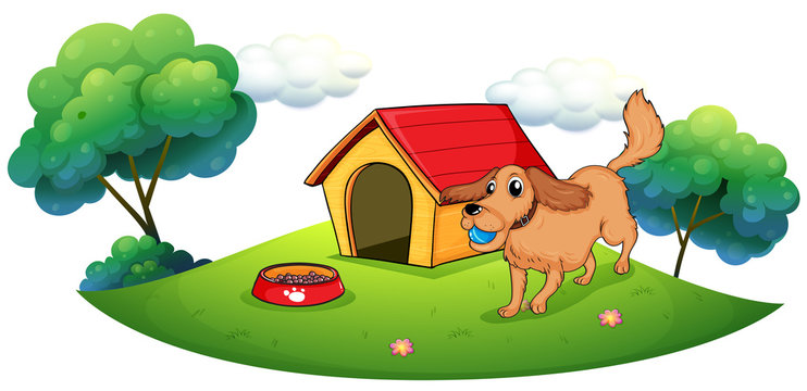 A dog playing with a blue ball near a doghouse