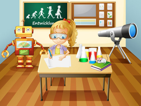A girl writing inside a science laboratory room