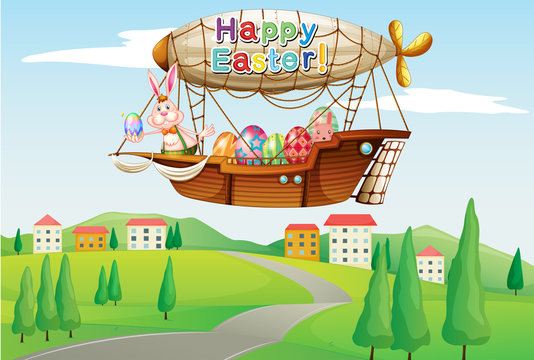 An airship with colorful eggs and two bunnies