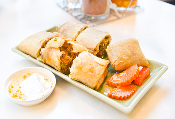 Crispy Thailand Traditional Spring rolls food on dish