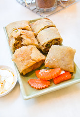Crispy Thailand Traditional Spring rolls food on dish