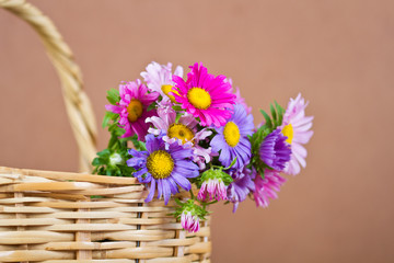 Fototapeta na wymiar Basket brown with colourful flowers
