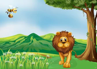 Plexiglas foto achterwand Een leeuw en een vliegende bij in de heuvels © GraphicsRF