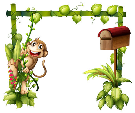 A monkey swinging beside a wooden mailbox