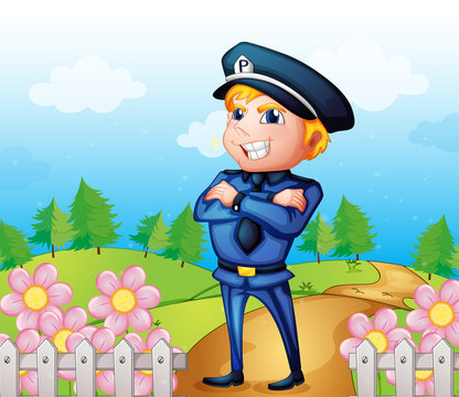 A policeman standing in the garden