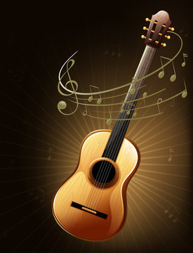 A brown guitar with musical notes