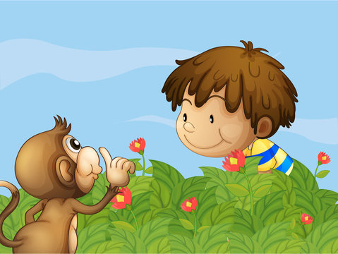 A monkey and a boy talking at the garden