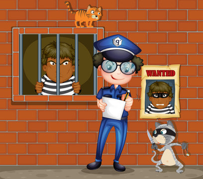 A policeman holding a pen and a paper with two cats in the jail