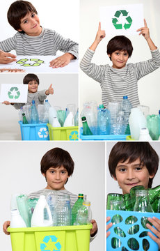 Collage of a boy recycling