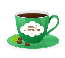 Vector green cup of coffee and text