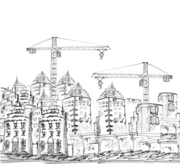 sketching of modern building and construction