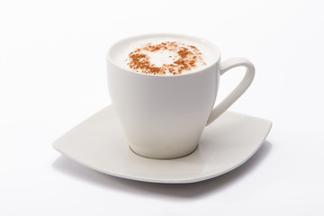 Cup of white coffee with chocolate