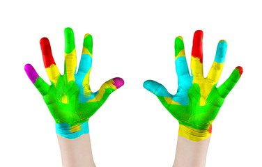 Painted child's hands.Isolated on white